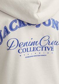 Felpa grigia chiara con stampa grafica blu che recita "JACK & JONES Denim Crew COLLECTIVE". Include il testo "FONDATO NELL'ANNO NOVANTA".