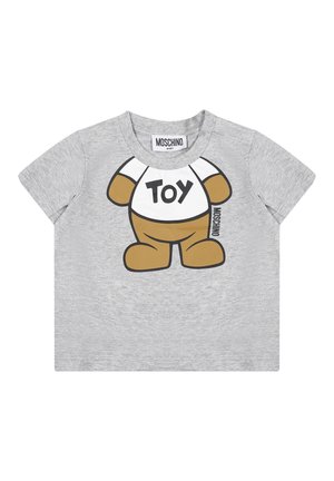 T-shirt in cotone grigio con grafica di un orso e testo "TOY", maniche corte e dettaglio con bottoni a pressione sulla spalla.
