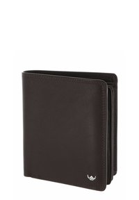 Portefeuille bifold en cuir marron foncé avec des coutures minimales et un petit logo argenté dans le coin inférieur droit.