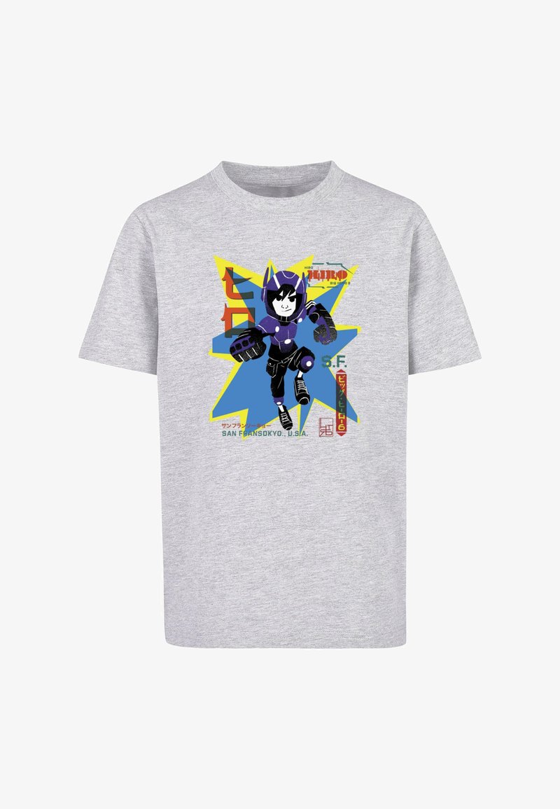 Gray t-shirt featuring a colorful graphic of a character in a purple and blue outfit against a starburst background with text elements.