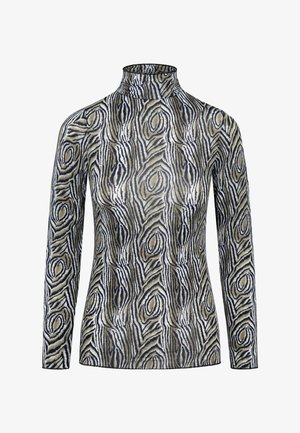 Langsleeve coltrui met een golvend, geprint patroon in beige, zwart en marineblauw; textiel met een gestructureerde stof en een aansluitende snit.
