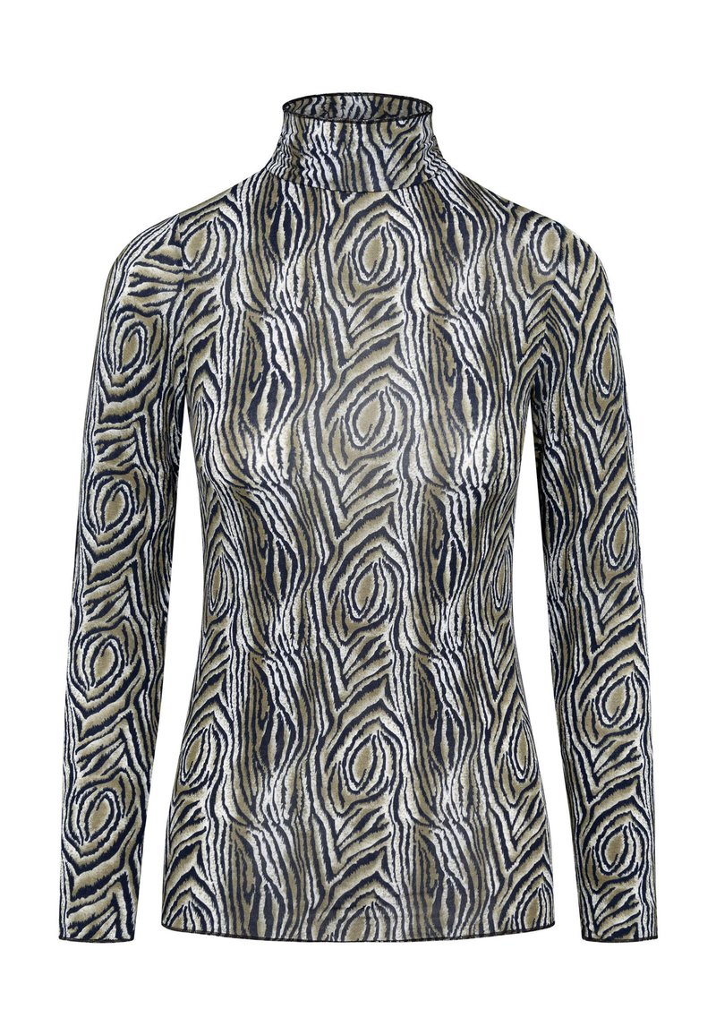 Maglietta a maniche lunghe con collo alto caratterizzata da un motivo stampato ondulato in beige, nero e blu navy; tessuto testurizzato con silhouette aderente.