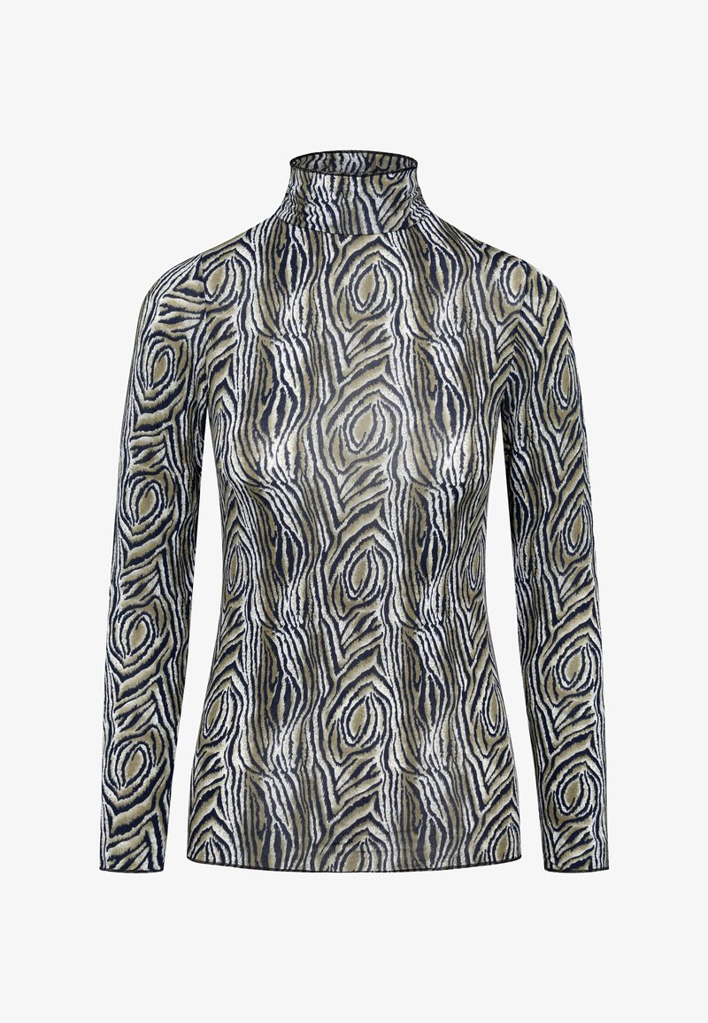 Langsleeve coltrui met een golvend, geprint patroon in beige, zwart en marineblauw; textiel met een gestructureerde stof en een aansluitende snit.