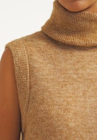 Pull en maille sans manches à col roulé en brun clair, avec une texture douce et un col côtelé confortable. Fabriqué à partir d'un mélange de fibres chaudes.