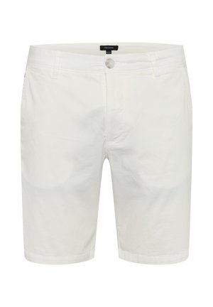 Weiße Baumwollshorts mit Knopfverschluss, vorderen Taschen und glatter Textur. Gesäumte Kanten und minimale Nähdetails.