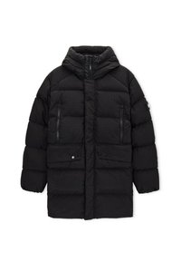 Schwarze Daunenjacke mit Kapuze, ausgestattet mit einer gesteppten Textur, vorderen Reißverschlusstaschen und Druckknopfdetails an der unteren Vorderseite.