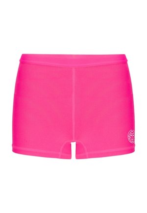 Helle pinke Damen-Badeshorts mit einem kleinen weißen Logo nahe dem unteren Saum auf der rechten Seite.