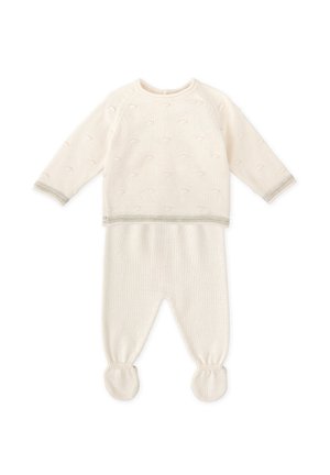 Ensemble pour bébé de couleur crème en tricot, comprenant un haut à manches longues avec des points texturés et un pantalon assorti à pieds, agrémenté d'une bordure grise.