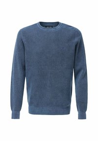Suéter azul de punto con un patrón texturizado, escote redondo, puños y dobladillo acanalados, que presenta un pequeño logo en el pecho.
