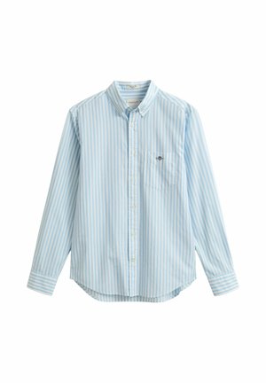 Light blue and white vertically striped long-sleeve button-up shirt with a chest pocket and small embroidered logo on the pocket.