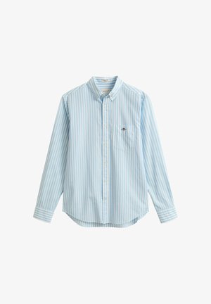Light blue and white vertically striped long-sleeve button-up shirt with a chest pocket and small embroidered logo on the pocket.