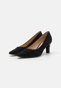 Black suede high heels with a pointed toe and a tapered, medium heel. Smooth texture with a classic design; no visible patterns or accents.