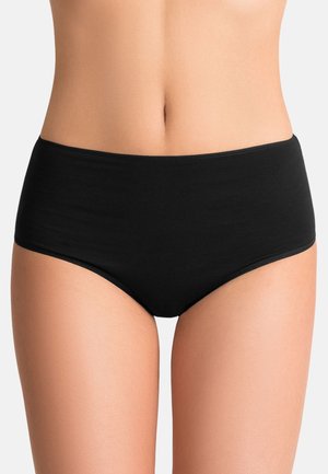 Zwarte high-waisted slips van gladde stof, met een elastische tailleband en een naadloos ontwerp voor comfortabel dragen.