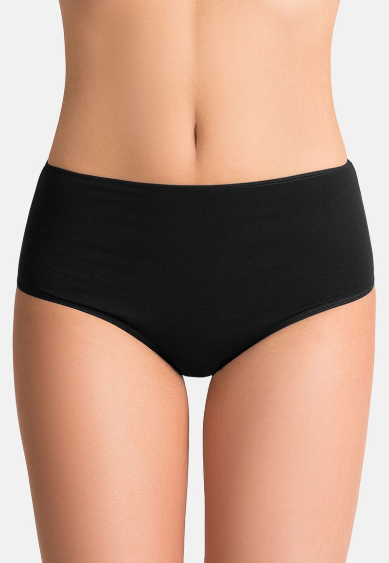 Zwarte high-waisted slips van gladde stof, met een elastische tailleband en een naadloos ontwerp voor comfortabel dragen.
