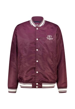 Veste varsity en satin grenat avec boutons-pression blancs, col, poignets et ourlet côtelés avec des rayures blanches, et logo "Hamptons" sur la poitrine gauche.