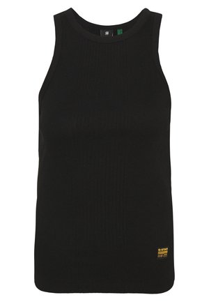 Black ribbed sleeveless tank top with round neckline and small yellow G-Star Originals logo near the bottom hem.