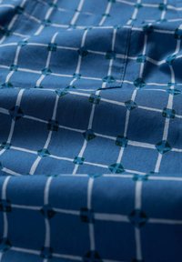 Tessuto blu a motivo con un design a griglia, caratterizzato da linee bianche e accenti verdi. La texture sembra morbida e liscia.