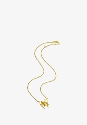 Collar de oro con un colgante en forma de mariposa de superficie lisa y pulida, unido a una delicada cadena con cierre de langosta.