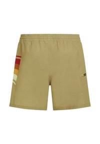 Beežid lühikesed püksid elastse vöökohaga, väikese logomärgiga küljel ja mitmevärvilise triibumustriga vasakul säärel.