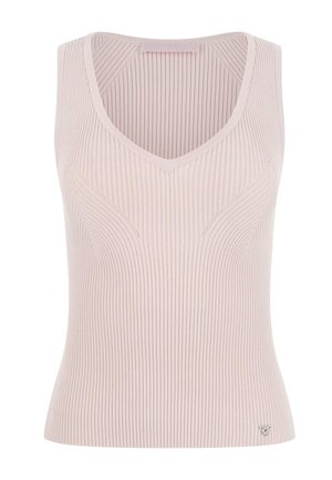 Ribbed tank top in light pink, featuring a V-neck and fitted shape. Notable details include a small logo accent near the hem.