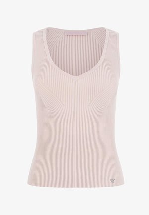 Ribbede tanktop i lys pink med V-udskæring og tætsiddende pasform. Bemærkelsesværdige detaljer inkluderer et lille logo ved kanten.