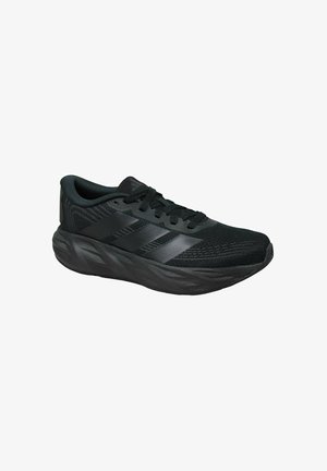 Sneaker sportiva nera con chiusura stringata, tomaia in mesh, suola imbottita e logo con tre strisce sul lato.