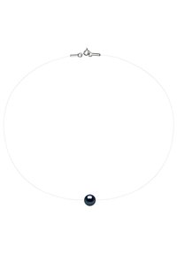 Collier en fil transparent avec une seule perle ronde sombre au centre, finition lisse et fermoir à clip en forme de perroquet.