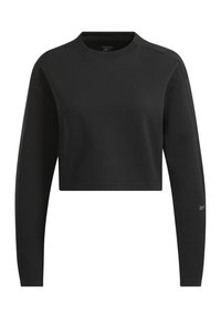 Felpa nera corta con maniche lunghe, realizzata in materiale morbido, presenta un collo a giro e un discreto logo sul maniche.