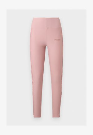 Rózsaszín magas derekú Moschino Active leggings szűk szabással és márkázott felirattal az oldaluk mentén, a derékpánt közelében.