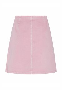 Rosa denim minikjol med en utsvängd forma, som har en slät yta, synlig sömnad och inga uppenbara mönster eller dekorationer.