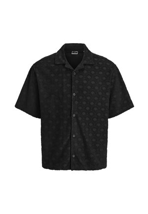 Short-sleeved black shirt with a textured pattern resembling arches, button-down front, and a camp collar design.