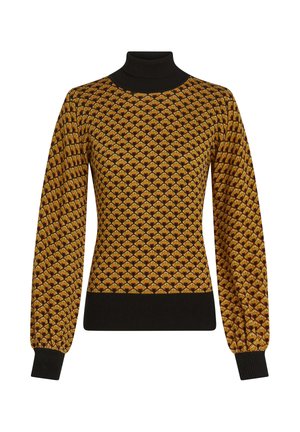Pull en tricot avec un col noir haut, orné d'un motif en écailles jaunes et brunes, accompagné de poignets et d'un ourlet côtelés pour une silhouette ajustée.