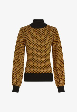 Suéter de punto con cuello alto negro, decorado con un patrón de escamas amarillas y marrones, con puños y dobladillo acanelados para un ajuste ceñido.