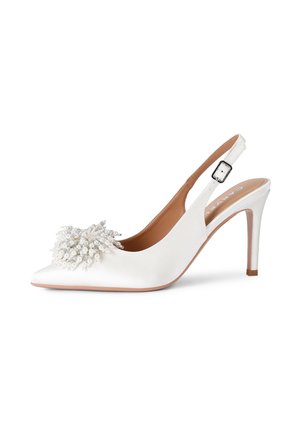 Scarpa con tacco alto bianca con punta a punta, cinturino posteriore, decorazione floreale di perle e perline sulla parte anteriore e cinturino regolabile alla caviglia.