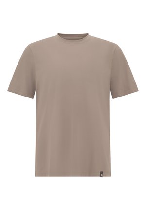 Beige T-Shirt mit kurzen Ärmeln aus weichem Baumwollstoff. Mit Rundhalsausschnitt und einem kleinen Markenetikett am Saum. Glatte Textur, schlichtes Design.