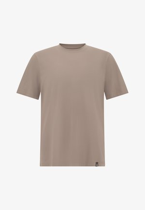 Smėlio spalvos trumpomis rankovėmis marškinėliai, pagaminti iš minkštos medvilnės. Turi apvalų kaklą ir mažą prekės ženklo etiketę ties apačia. Lygus paviršius, paprastas dizainas.