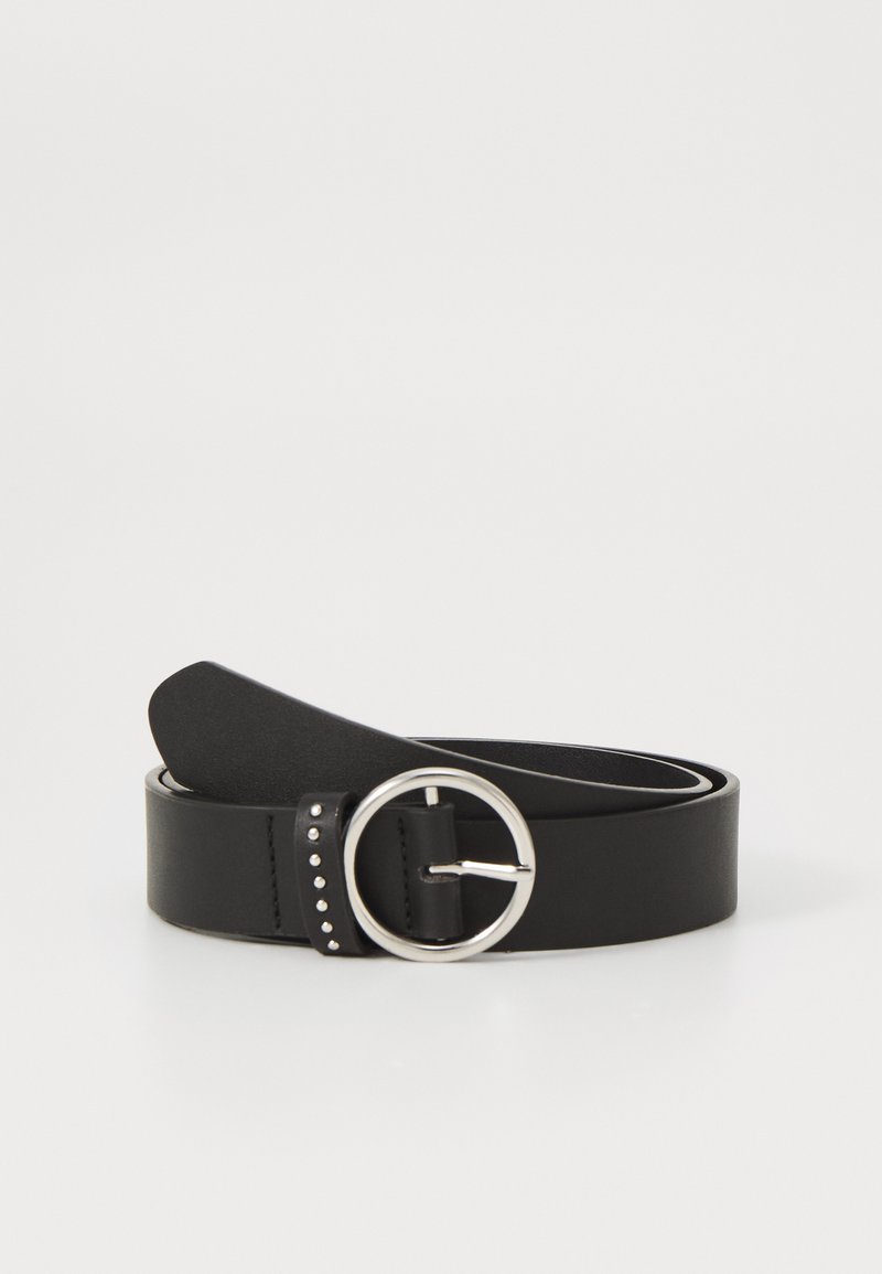Black leather belt featuring a round silver-tone buckle, studded accents, and a smooth texture. The belt has a classic design with a flat shape.