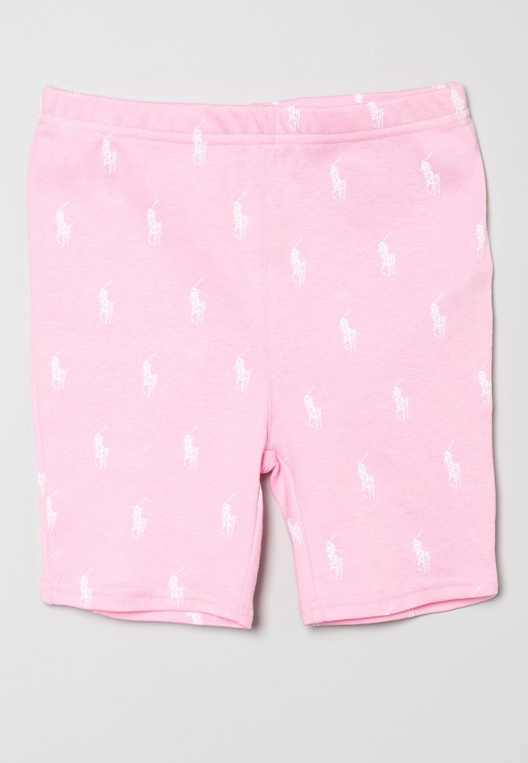 Różowe bawełniane szorty z powtarzającym się wzorem białego zawodnika polo, z elastycznym pasem i gładką fakturą.