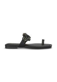 Sandalo nero con un decoro floreale in tonalità scure, suola piatta e design minimalista con un divisore per le dita per una vestibilità sicura.
