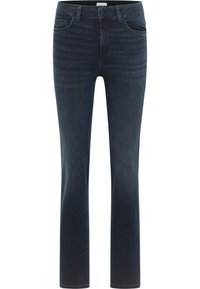 Tamsiai mėlyni džinsai iš džinso audinio, tiesių kojų dizainas, penkios kišenės, švelnus išblukimas ir sagos užsegimas juosmens srityje.