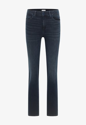 Sötétkék farmernadrág egyenes szárú kialakítással, öt zsebbel, enyhe kopással és gombos rögzítéssel a derékrészen.