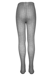 Grijze geribde maillots met een zachte textuur en elastische tailleband, met verticale strepen die langs de benen lopen. Geen duidelijke patronen of accenten.