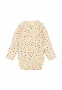 Body per bambini a maniche lunghe di colore crema con piccoli motivi floreali rosa, design avvolgente e chiusure a pressione nella parte inferiore. Materiale in cotone morbido.