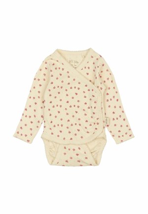 Cremfarbener Baby-Body mit langen Ärmeln, kleinen rosa Blumenmustern, Wickeldesign und Druckknöpfen im unteren Bereich. Aus weichem Baumwollmaterial.