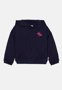 Felpa nera scura in tessuto morbido. Presenta un grande cappuccio, una vestibilità ampia e un logo a forma di cuore rosa con testo. Polsini e orlo a coste.