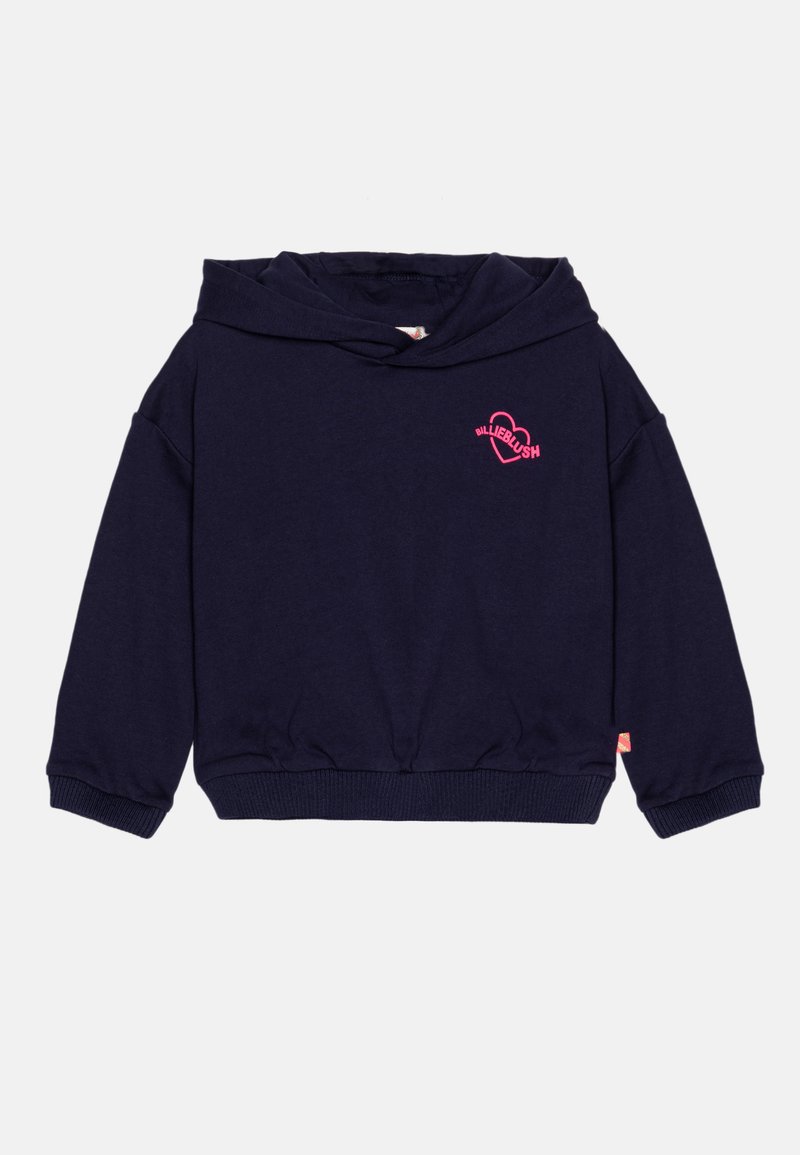 Felpa nera scura in tessuto morbido. Presenta un grande cappuccio, una vestibilità ampia e un logo a forma di cuore rosa con testo. Polsini e orlo a coste.