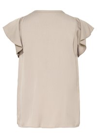 Top a maniche corte in tessuto beige chiaro, con maniche a volant e scollo rotondo, texture liscia, vestibilità ampia e spacchi laterali.
