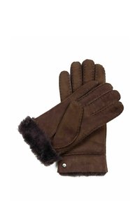 Braune Wildlederhandschuhe mit einem plüschigen, dunklen Fellbund. Verfügt über gestickte Details und eine dekorative Metallverzierung am Bund.