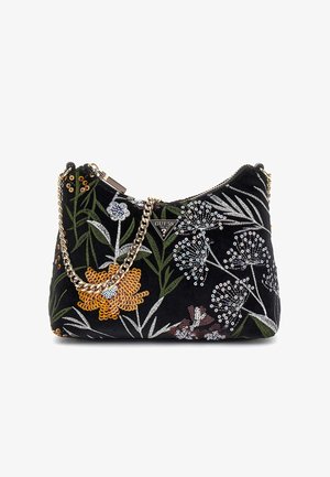 Borsa in velluto nero decorata con ricami floreali in arancione, bianco e paillettes argento. Dotata di tracolla a catena dorata e chiusura con zip.