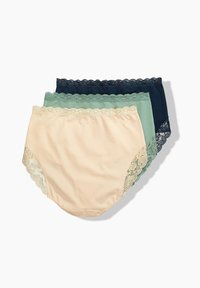 Tre paia di mutande di cotone donna in pesca, verde menta e blu navy. Ognuno presenta un motivo di pizzo decorativo lungo l'elastico in vita e le aperture delle gambe.
